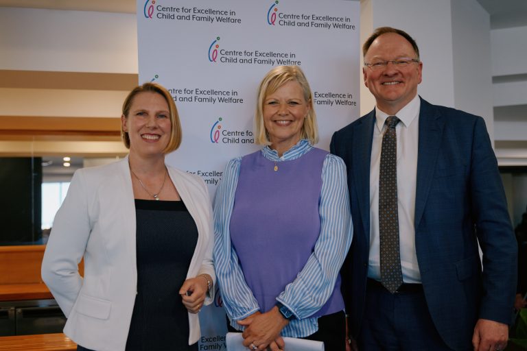 Prof. Leah Bromfield, Centre CEO Deb Tsorbaris, and Hon. Roger Jaensch, Minister for Children and Youth, at the Centre's launch as the peak body for child and family services in Tasmania.