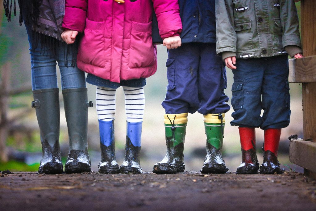 Children legs in gumboots